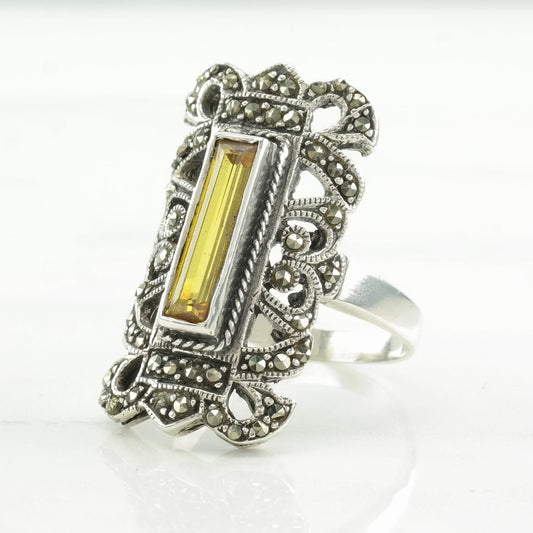 Art Deco Style Silver Ring Yellow Gemstone, Marcasite Sterling Size 9