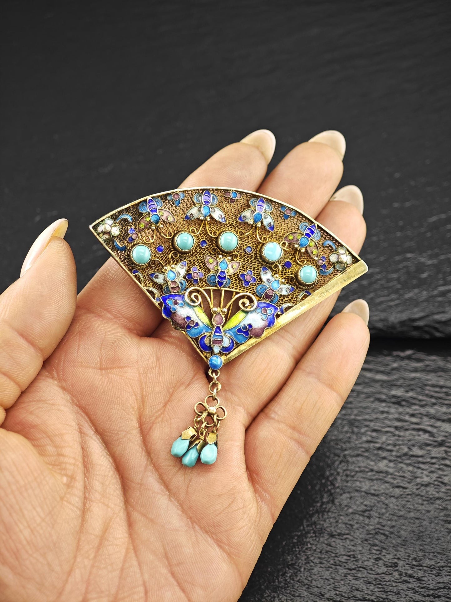 Chinese Enamel Gilt, Brooch Sterling Silver