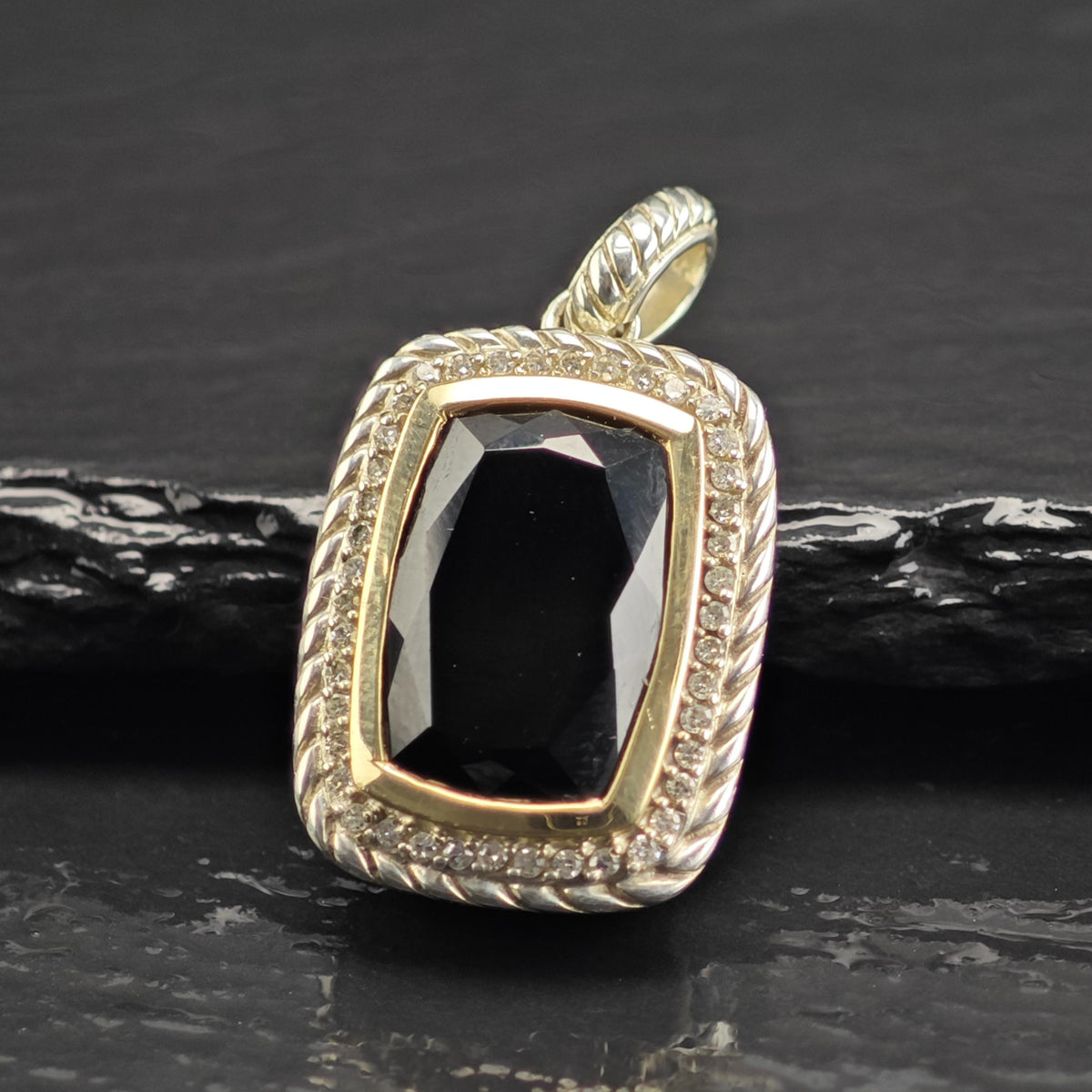 Vintage Designer Diamond Onyx 14K Bezel Woven Sterling Silver Pendant P3087
