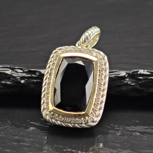 Vintage Designer Diamond Onyx 14K Bezel Woven Sterling Silver Pendant P3087