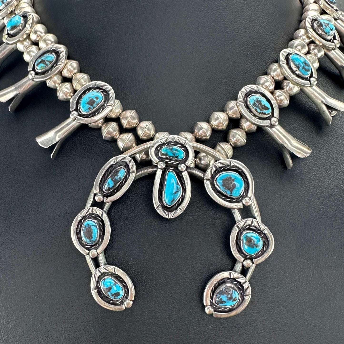 Native American Turquoise Squash Blossom Necklace Sterling Silver