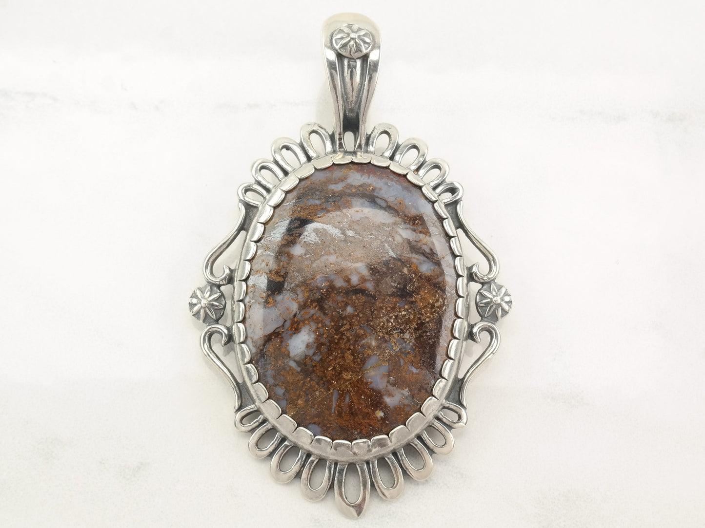 Vintage Relios Agate Floral Sterling Silver Pendant