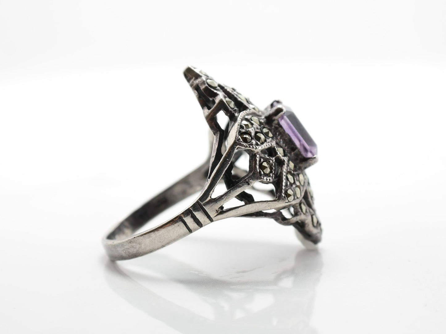 Sterling Silver Ring Amethyst Marcasite Size 10