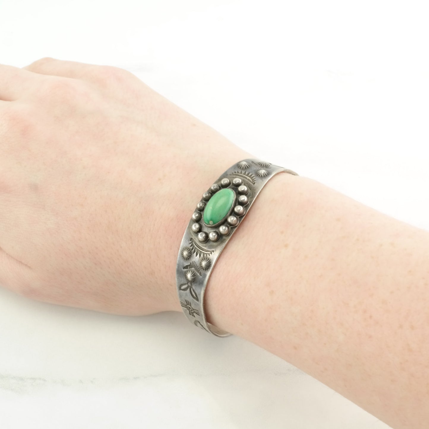 Fred Harvey Era Sterling Silver Cuff Bracelet Green Cerrillos, Turquoise Stamped