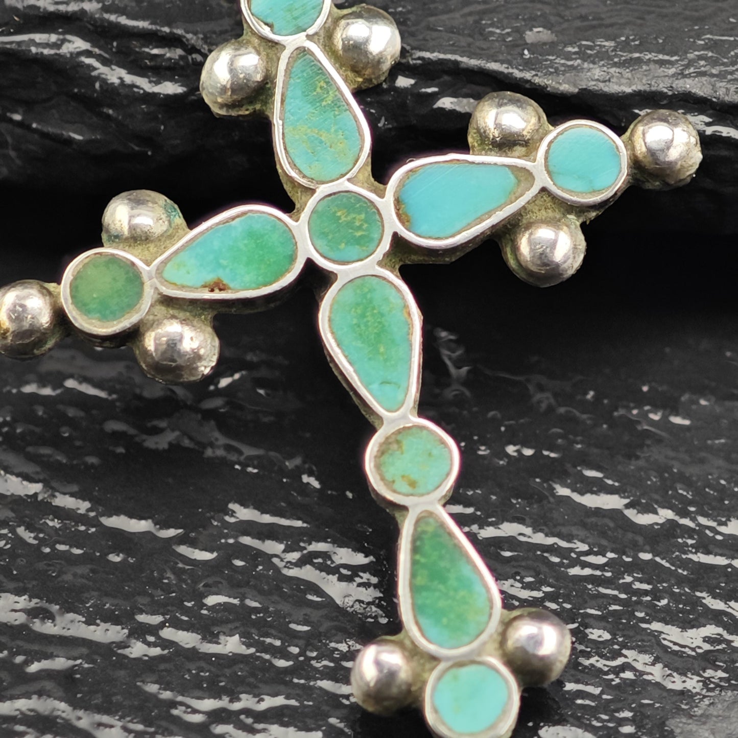Vintage Zuni Inlay Turquoise Cross Pendant Sterling Silver P3033
