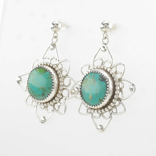 Native American Sterling Silver Blue Turquoise Floral Earrings Stud, Dangle