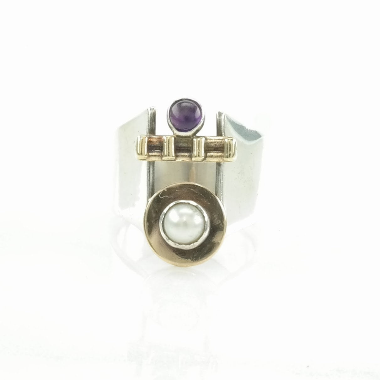 Studio Silver Ring Amethyst, Pearl Modernist Sterling Size 6 1/4