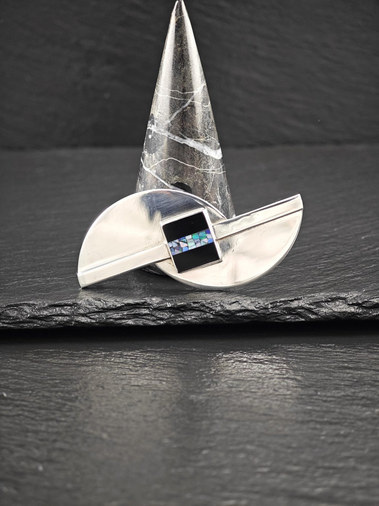 Modernist Opal, Onyx Brooch Sterling Silver