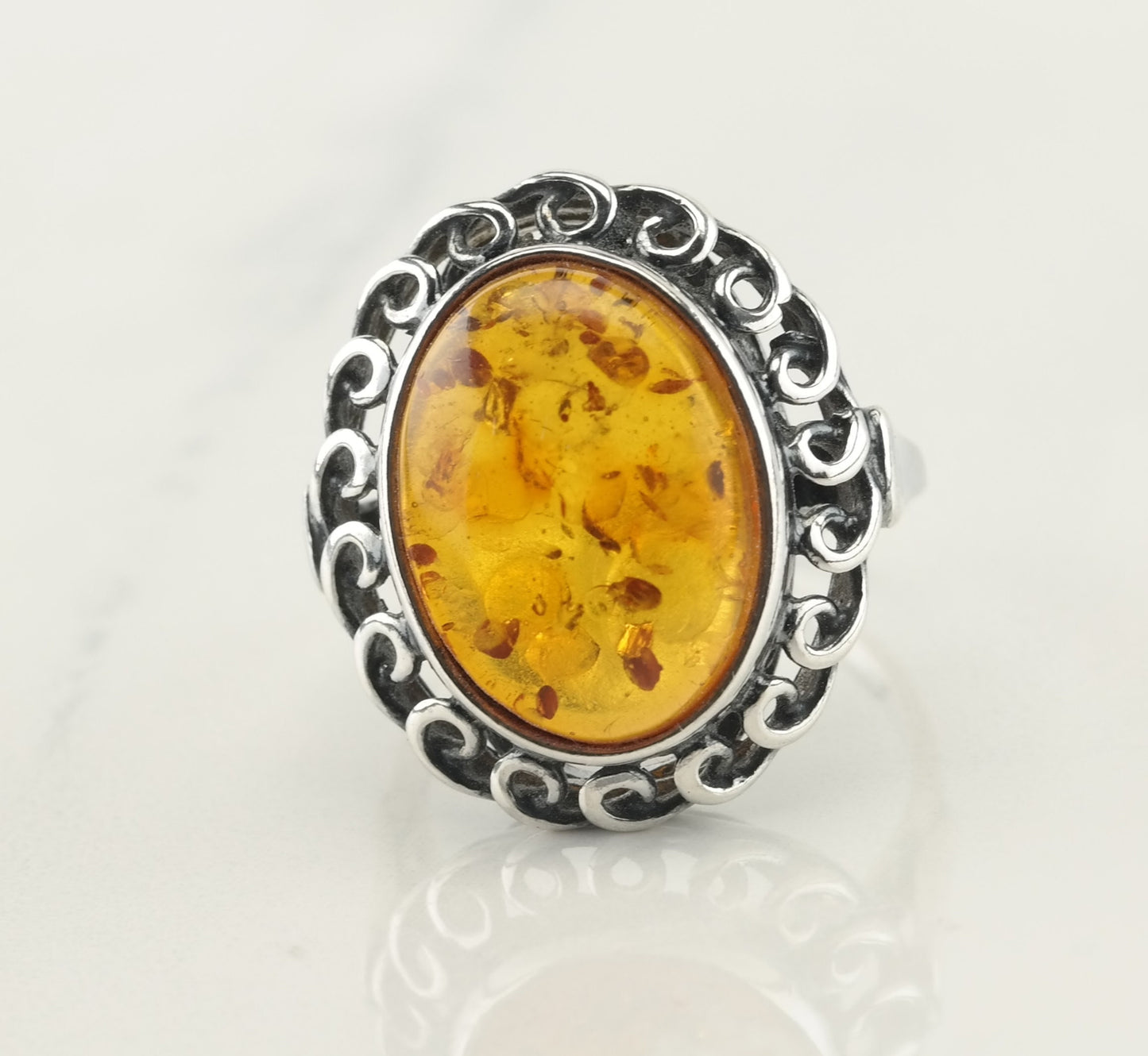 Sterling Silver Amber Ring Size 6 1/2