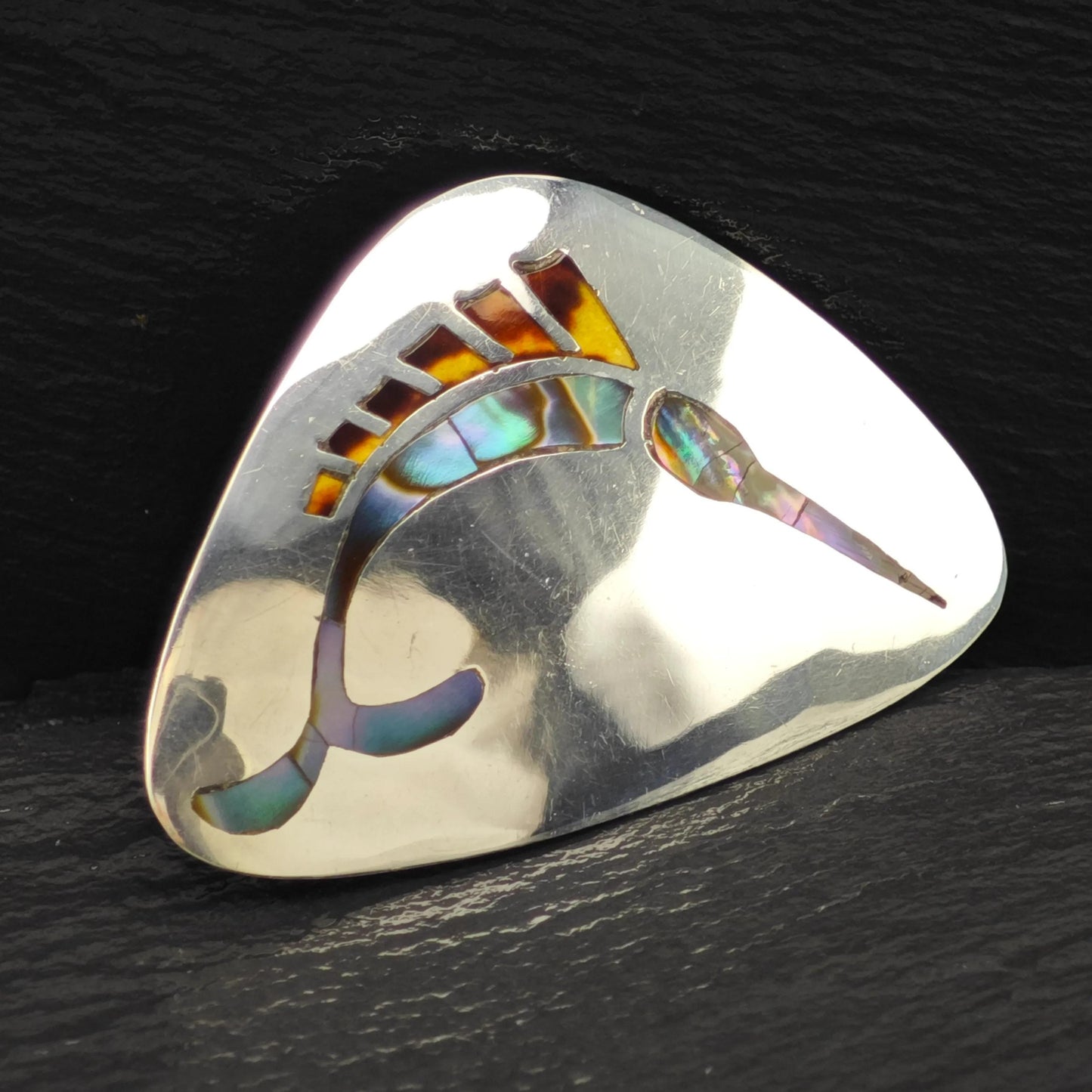 Taxco Sterling Silver Brooch/Pendant: Inlay Multi-color Swordfish B2139