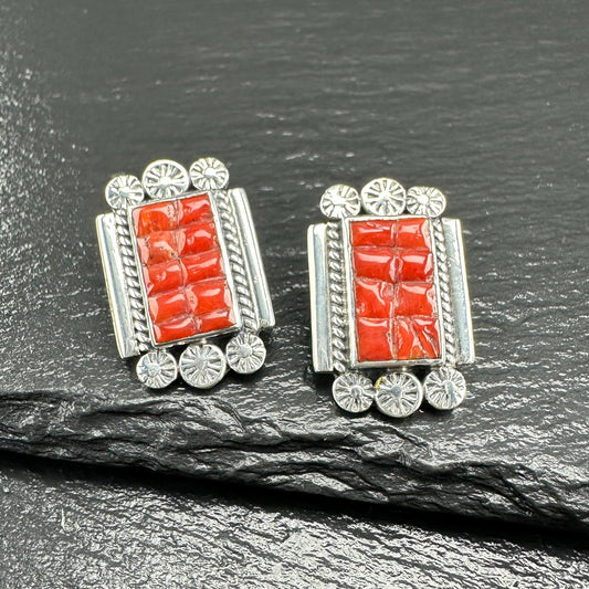 Southwest Red Coral Inlay Stud Earrings Sterling Silver