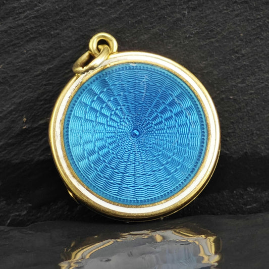 Antique Blue Enamel 14K Gold Locket Pendant Engraved R.K. P3105