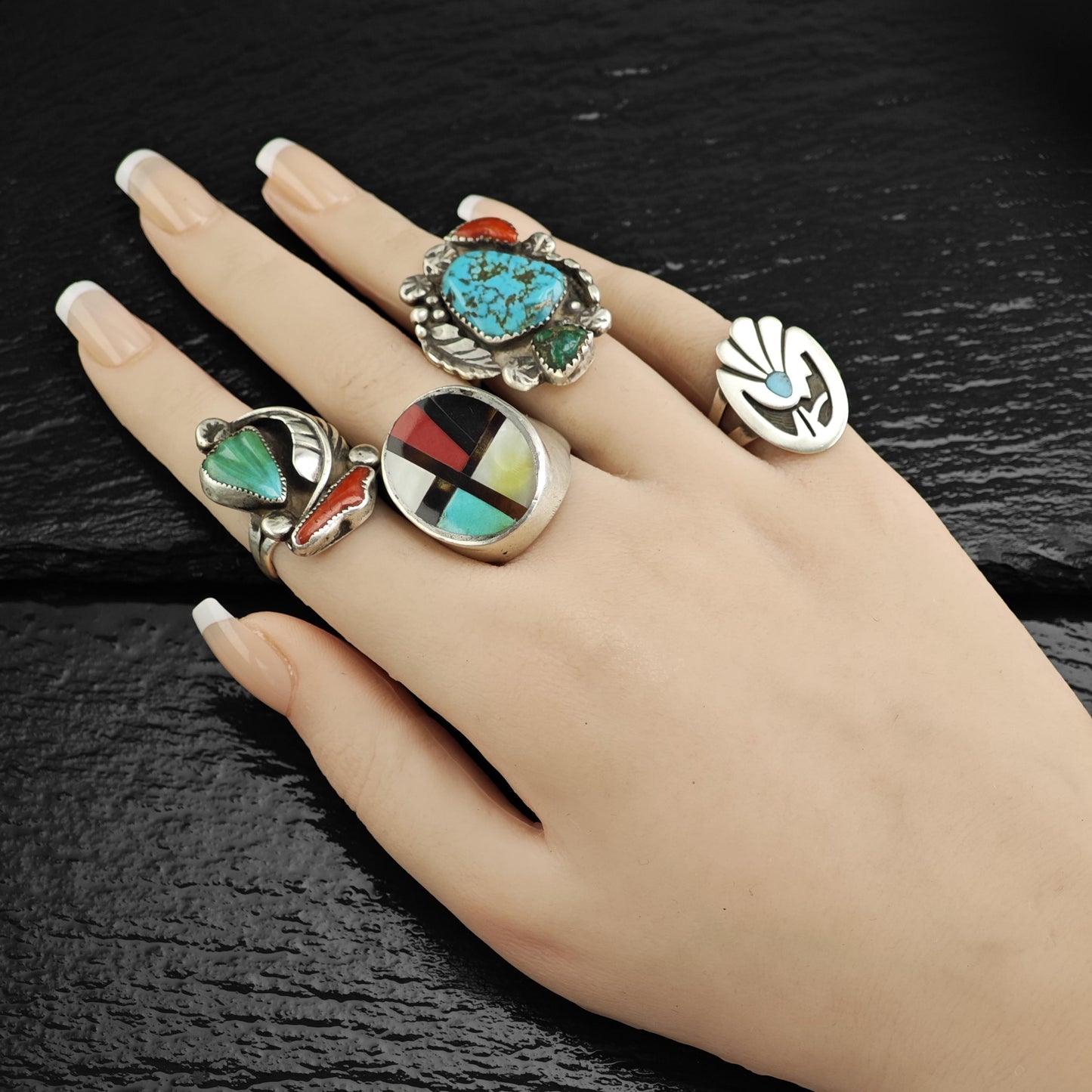 Native American Turquoise & Coral Stamped Detailing Sterling Silver Ring Sz 8.5 R6549