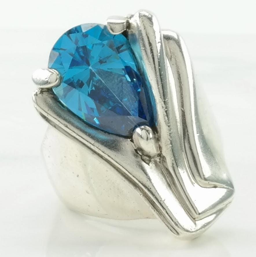 Vintage Artistic Silver Ring Blue Gem Abstract Sterling Blue Size 8