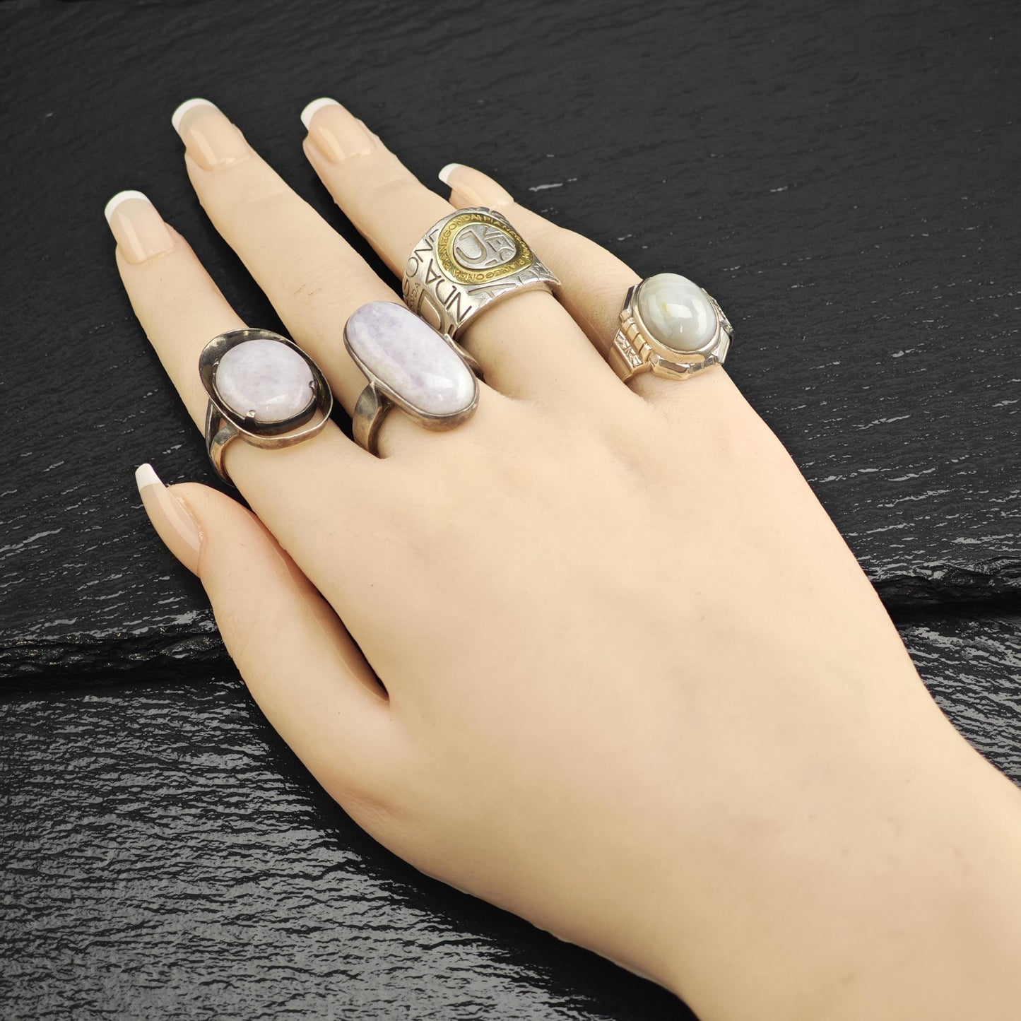 Art Deco White Agate Sterling Silver Ring Sz 8 3/4 R6640
