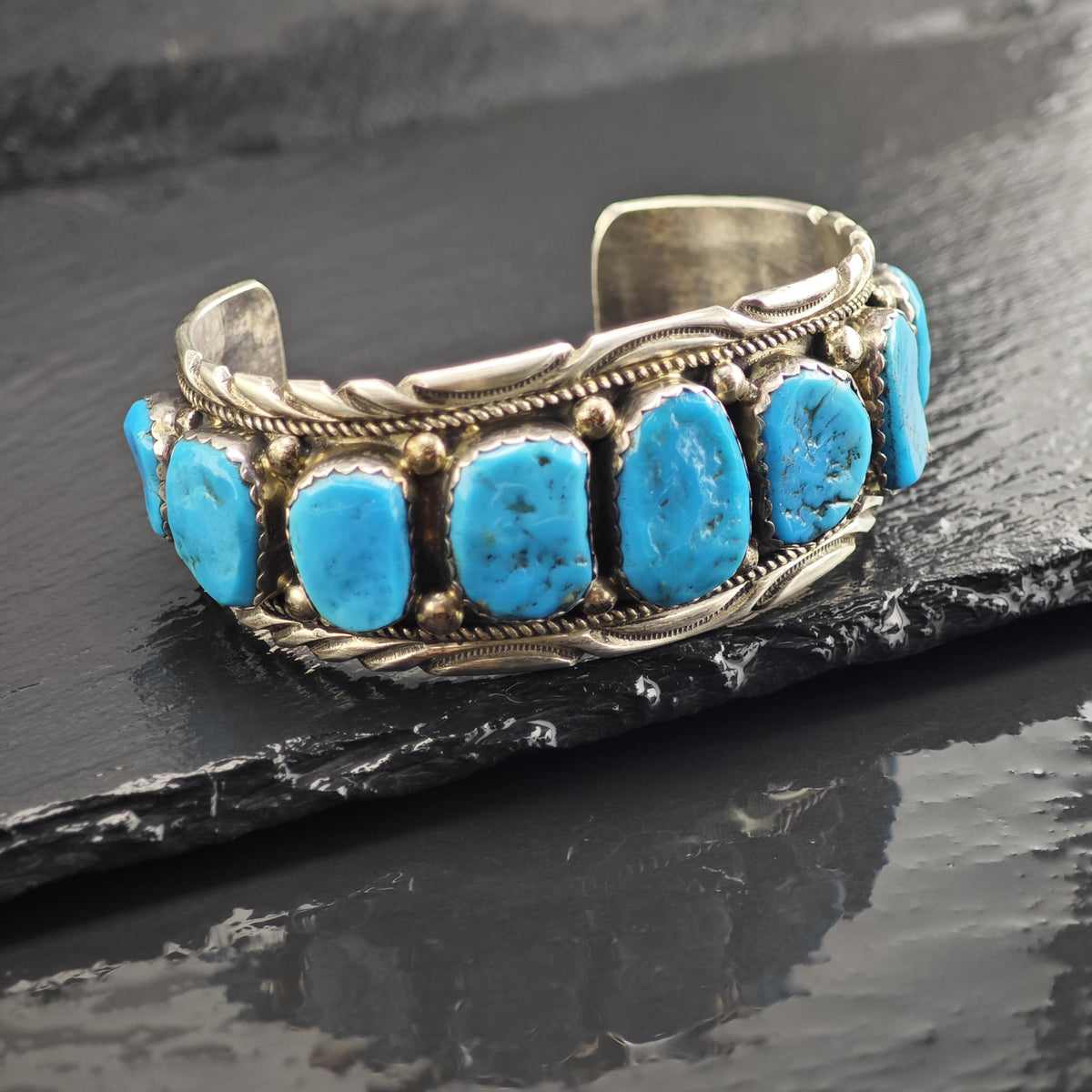 Vintage Navajo, Sleeping Beauty 9 Stone Turquoise Sterling Silver Cuff Sz 7" BR3128