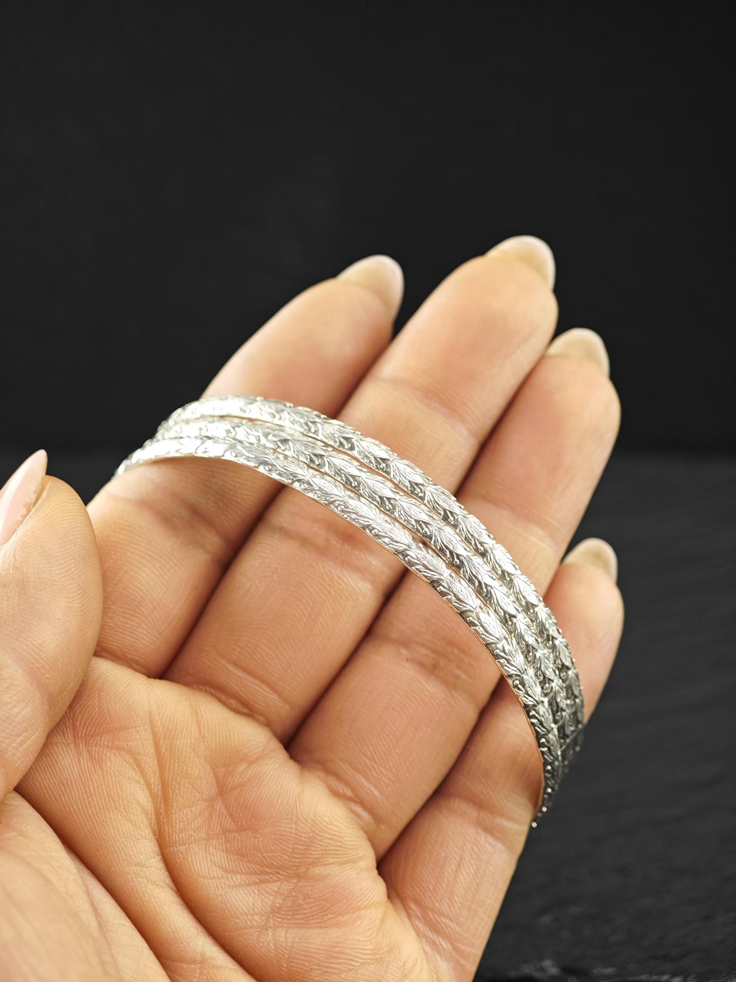 Stackable Repousse Floral Bangle Sterling Silver