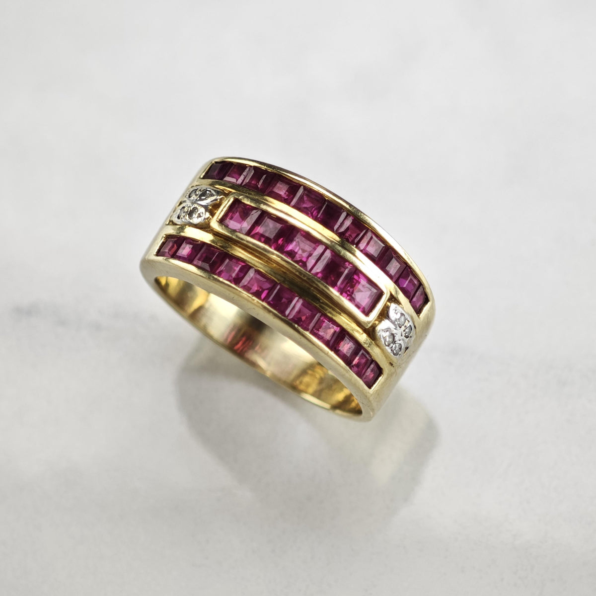 Natural Ruby & Diamond 14K Gold Wide Band Ring Sz 6 3/4 R6789