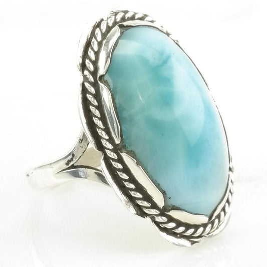 Vintage Sterling Silver Ring Larimar Rope Detail Blue Size 7 1/2