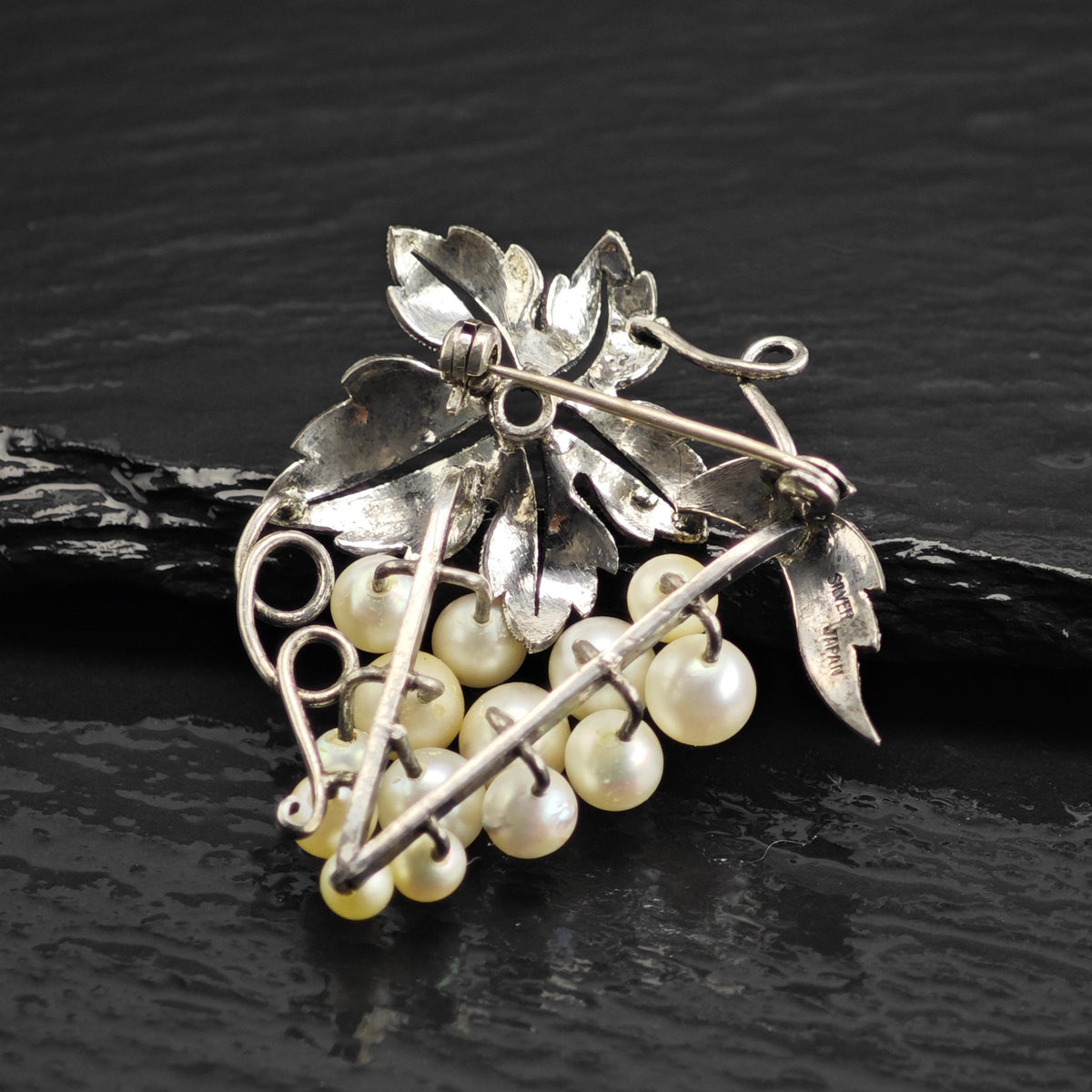 Japan Akoya Cultured Pearls, Grape Vine Sterling Silver Brooch B2260
