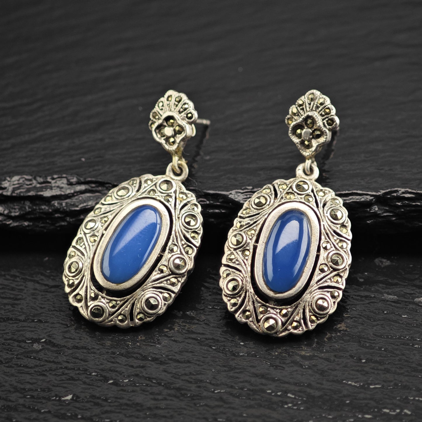 Art Deco Style Marcasite Oval Stud/Dangle Sterling Silver Earrings ER3182