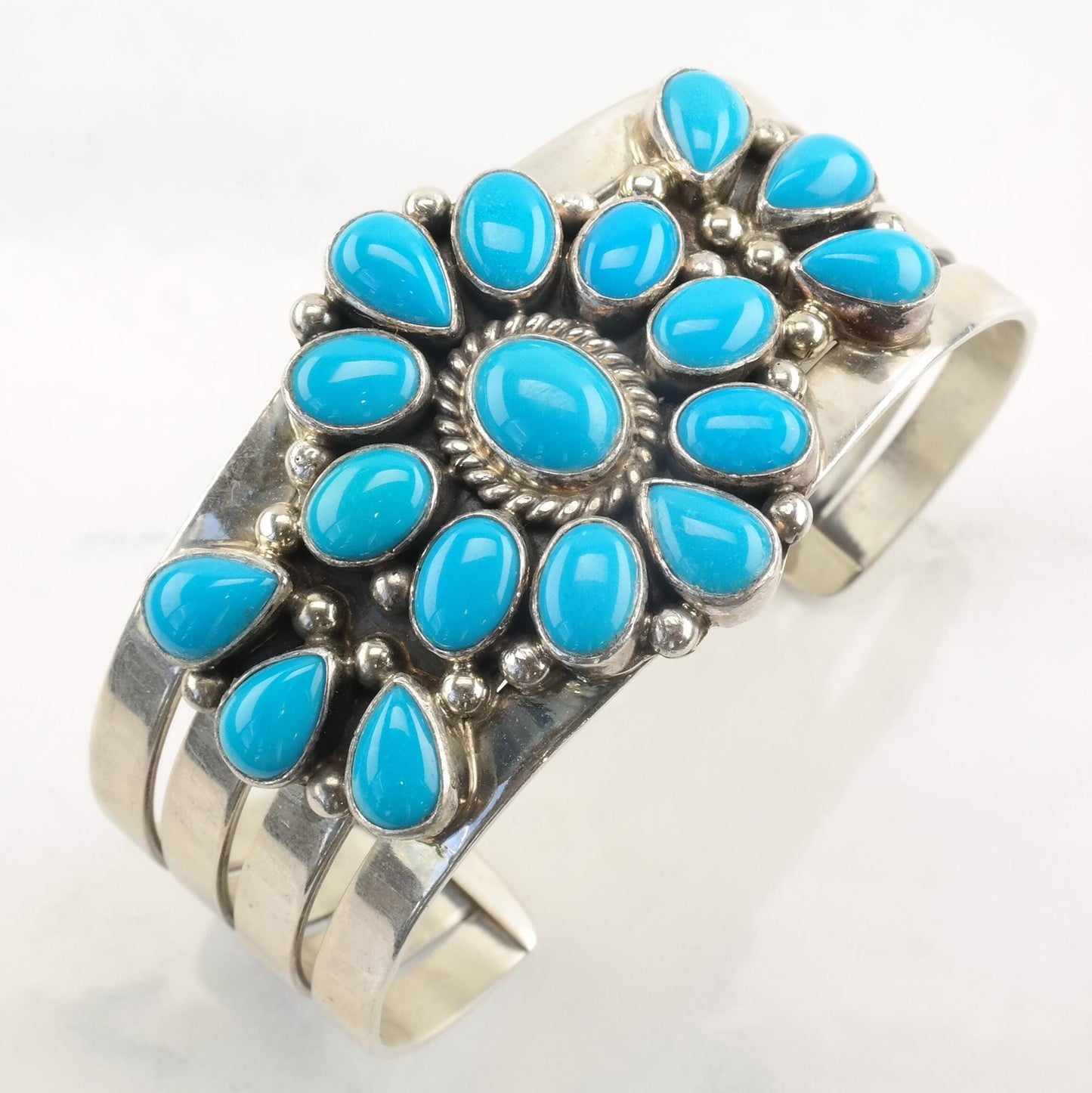 Navajo Sterling Silver & Turquoise Cluster Cuff Bracelet | Signed Kathleen Chavez | Southwestern Jewelry | 7" Wrist | Statement Cuff