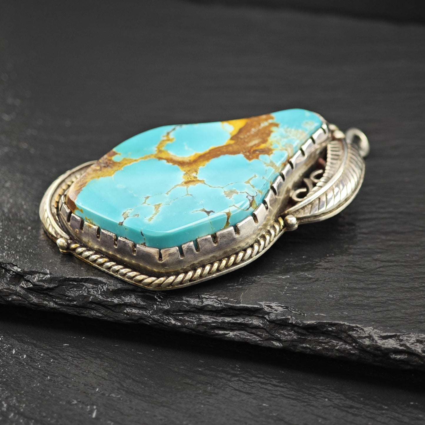 Lg Navajo Turquoise Feather Pendant Sterling Silver P2836