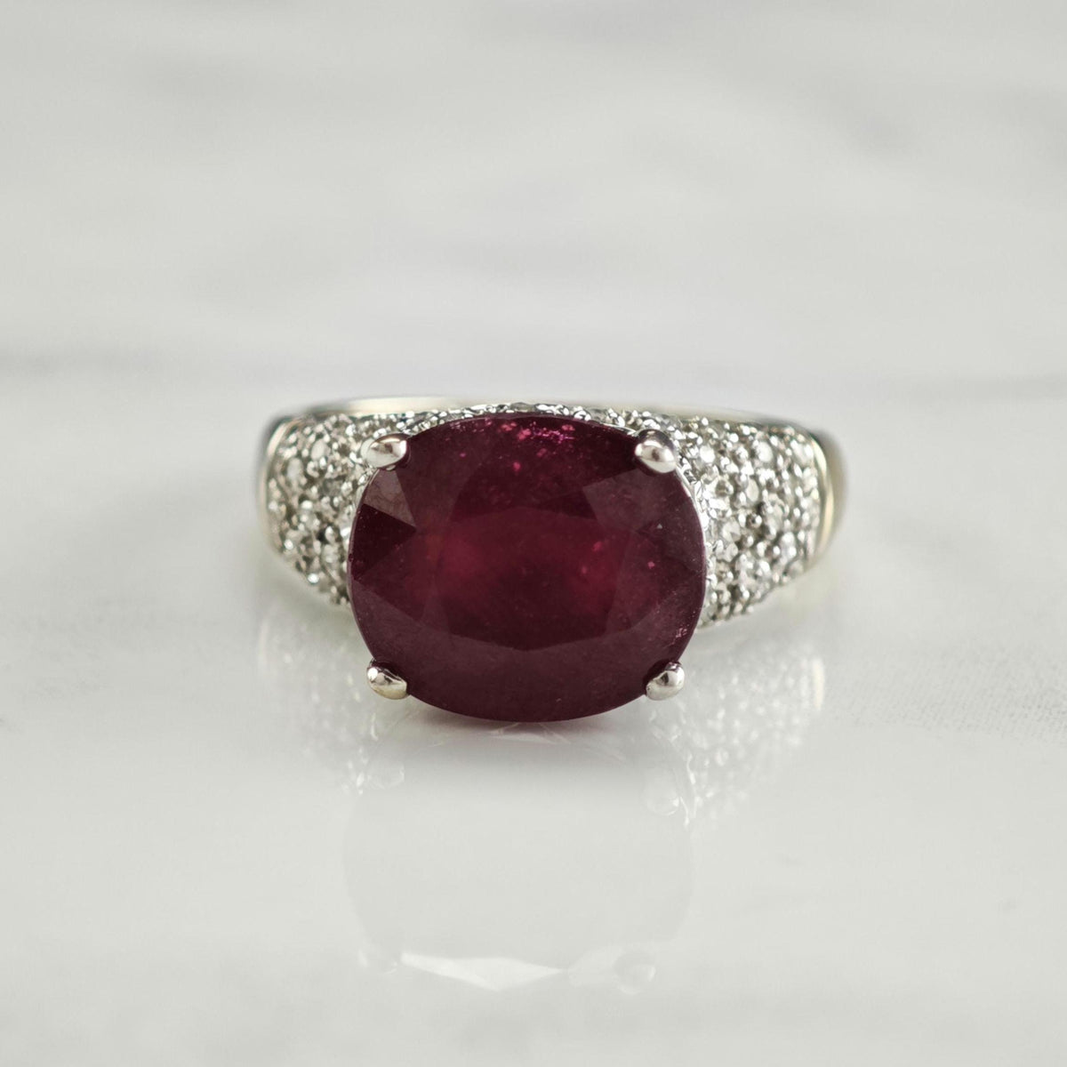 7ct Glass Filled Ruby & Diamond Cluster 14K White Gold Ring Sz 8 R6796