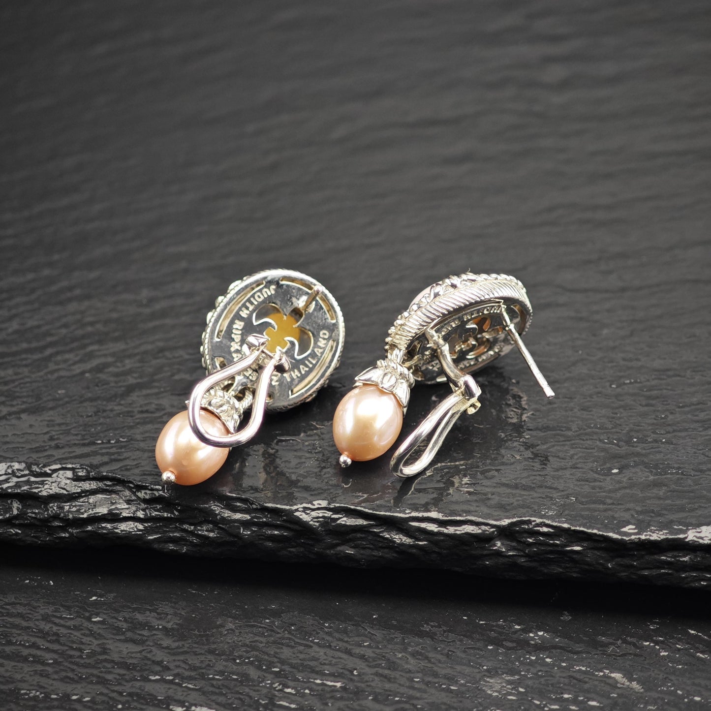 Vintage Judith Ripka Pink Cabochon, Pearl, CZ Omega Back Sterling Silver Earrings ER3195