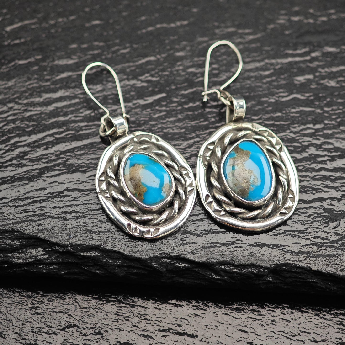 Large Southwest Blue Turquoise Squash Blossom Necklace and Earring Set in Sterling Silver