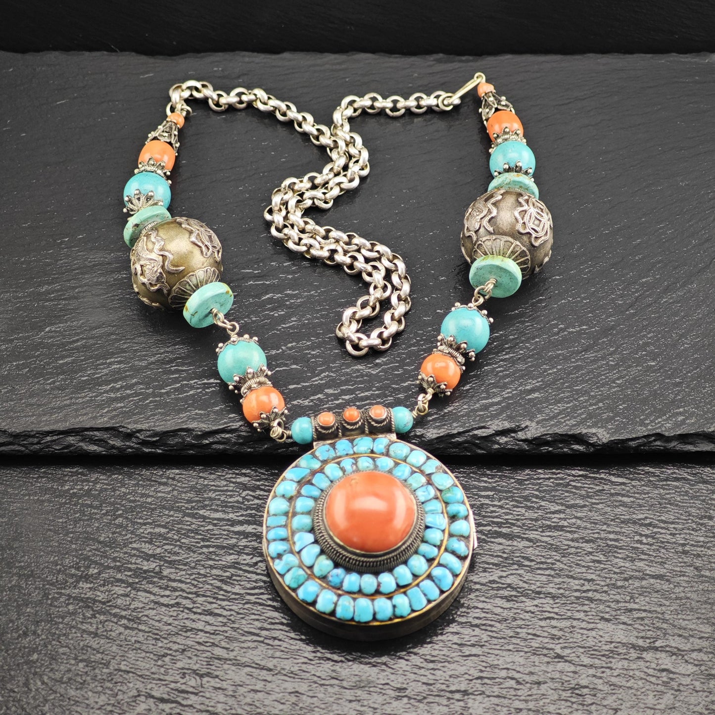 Authentic Nepalese Turquoise, Coral Lg Locket Necklace Sterling Silver N2577
