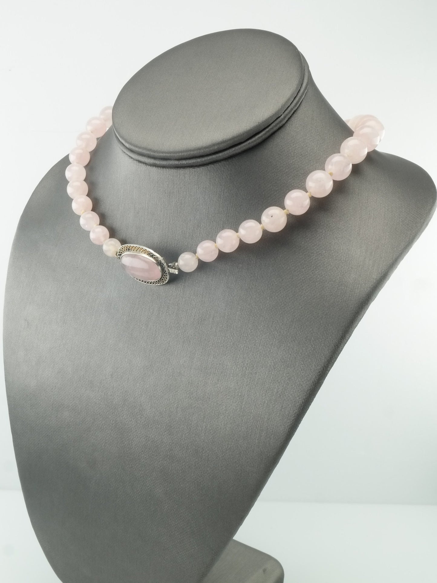 Vintage Germany Sterling Silver Light Pink Rose Quartz Filigree Necklace