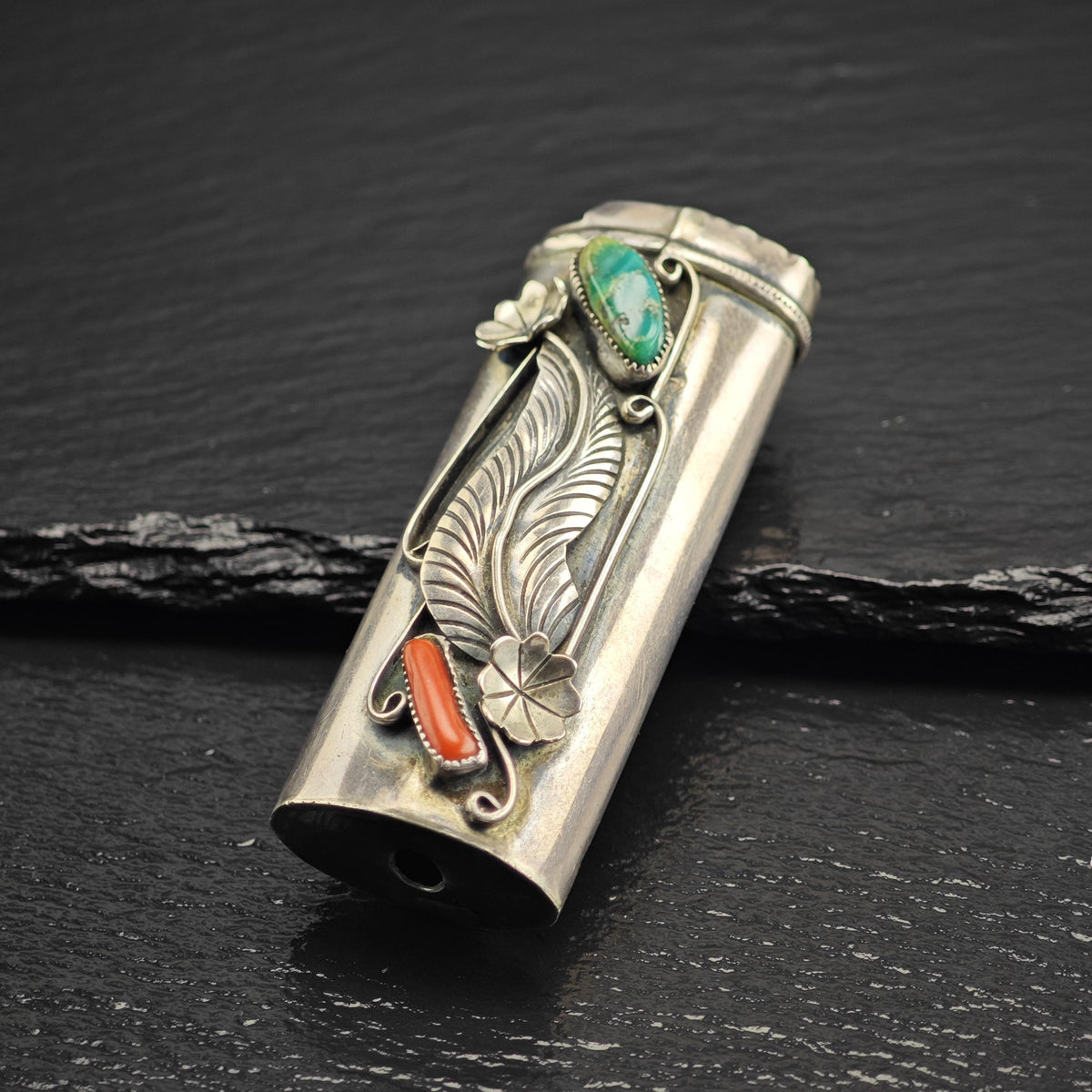 Native American Turquoise & Coral Flora Lighter Cover Sterling Silver MISC0399