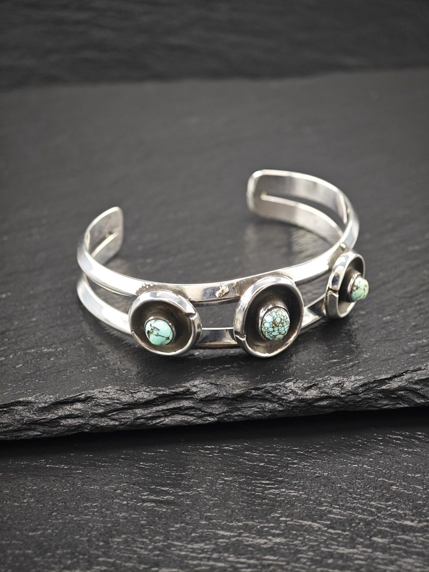 Native American Number Eight Turquoise, Shadow Box Cuff Bracelet Sterling Silver