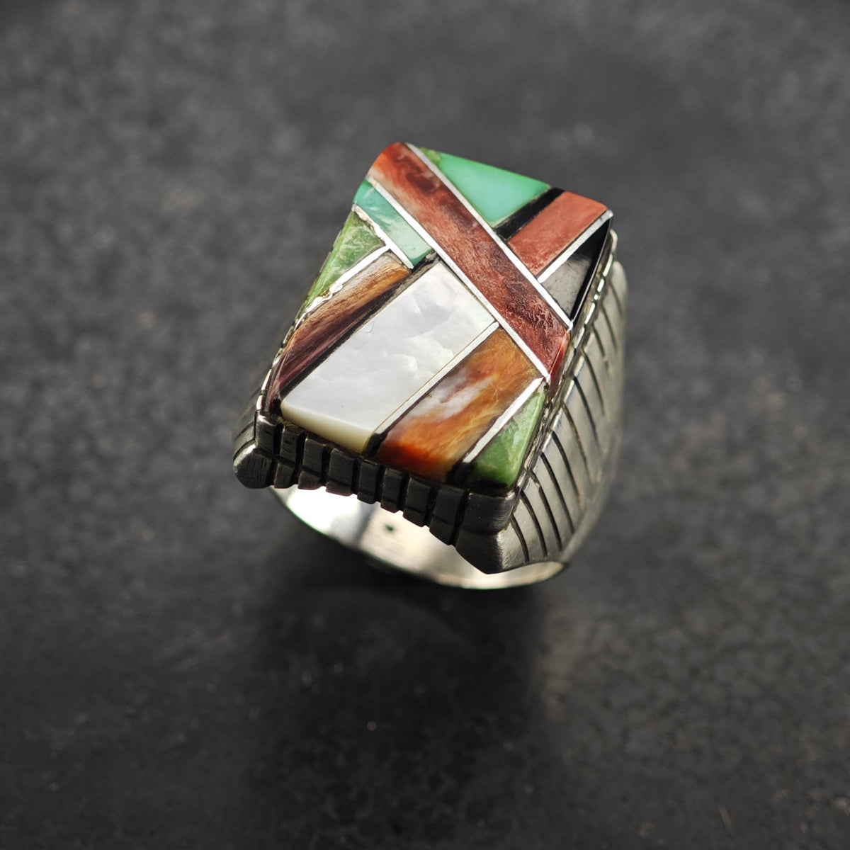 Navajo Multistone Inlay Rectangle Sterling Silver Ring Sz 13 R6862