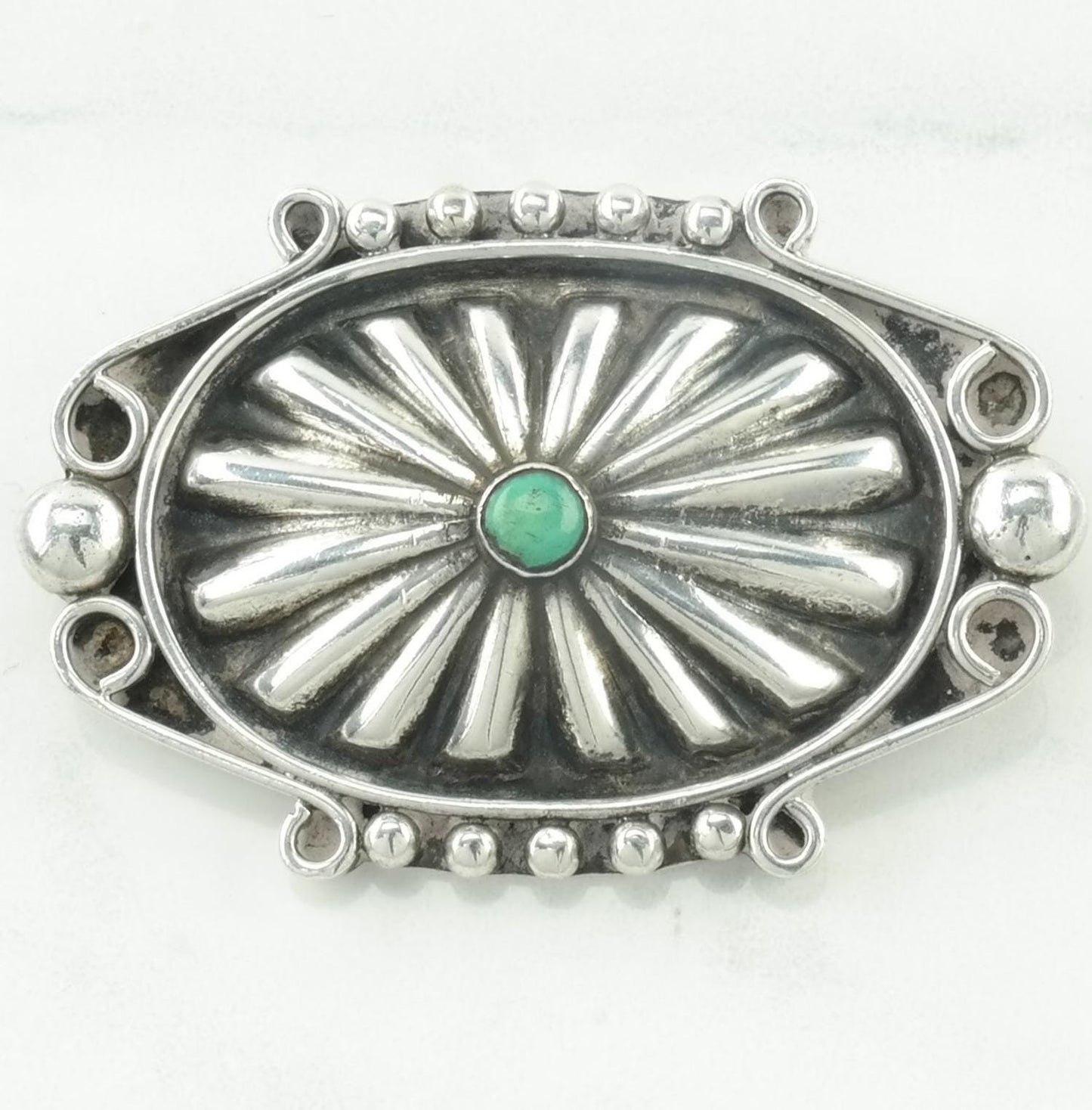 Southwestern Native American Sterling Silver Green Turquoise Brooch Concho