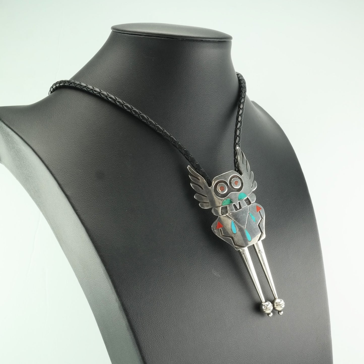 Hopi Sterling Silver Turquoise, Coral Bird Figure, Inlay Bolo Tie Necklace