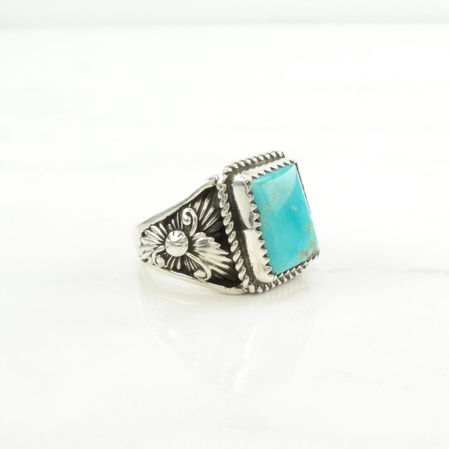 Native American Silver Ring Turquoise Floral Sterling Blue Size 10 1/2