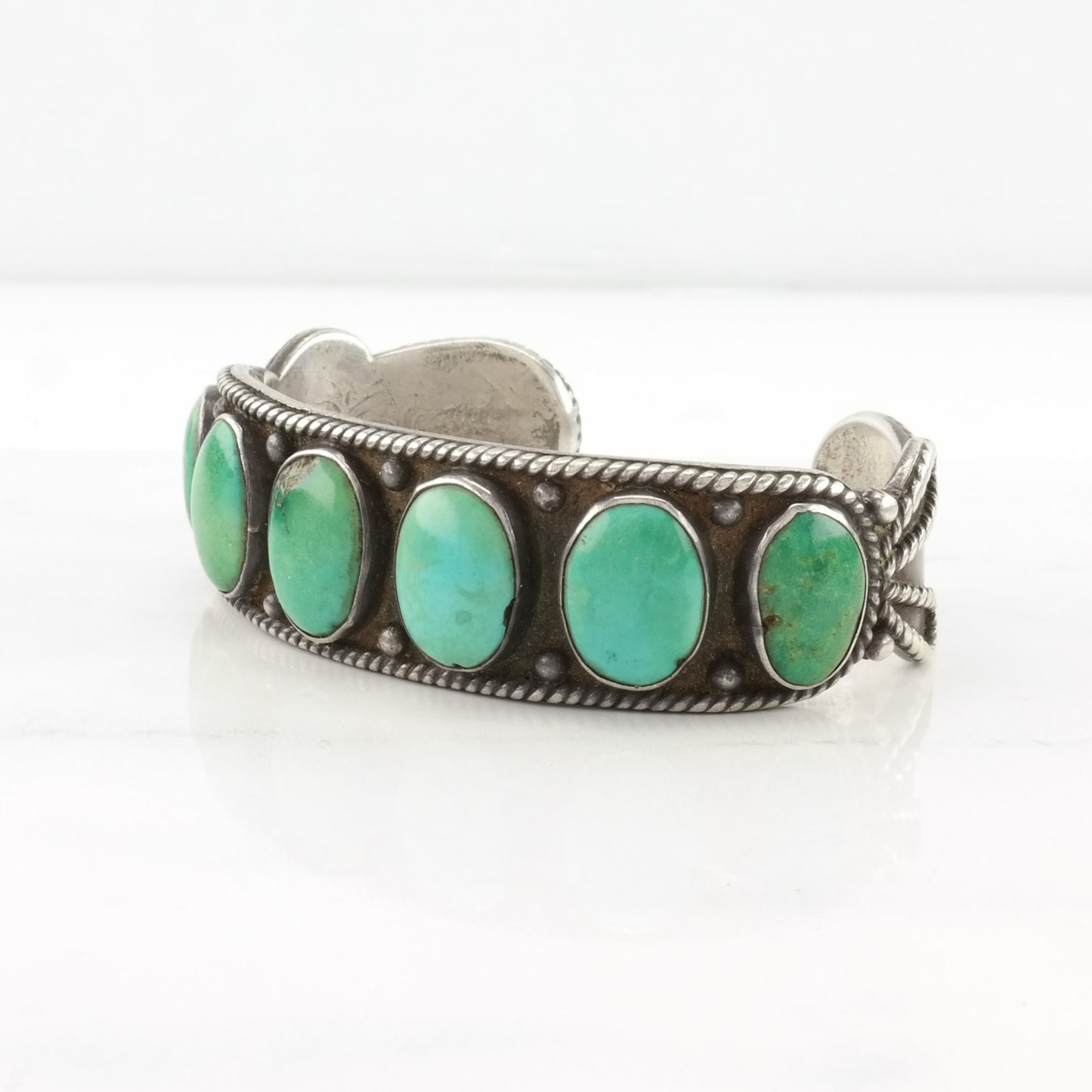 Ingot Silver, Native American Sterling Silver Cuff Bracelet Green, Blue Turquoise 5 Stone