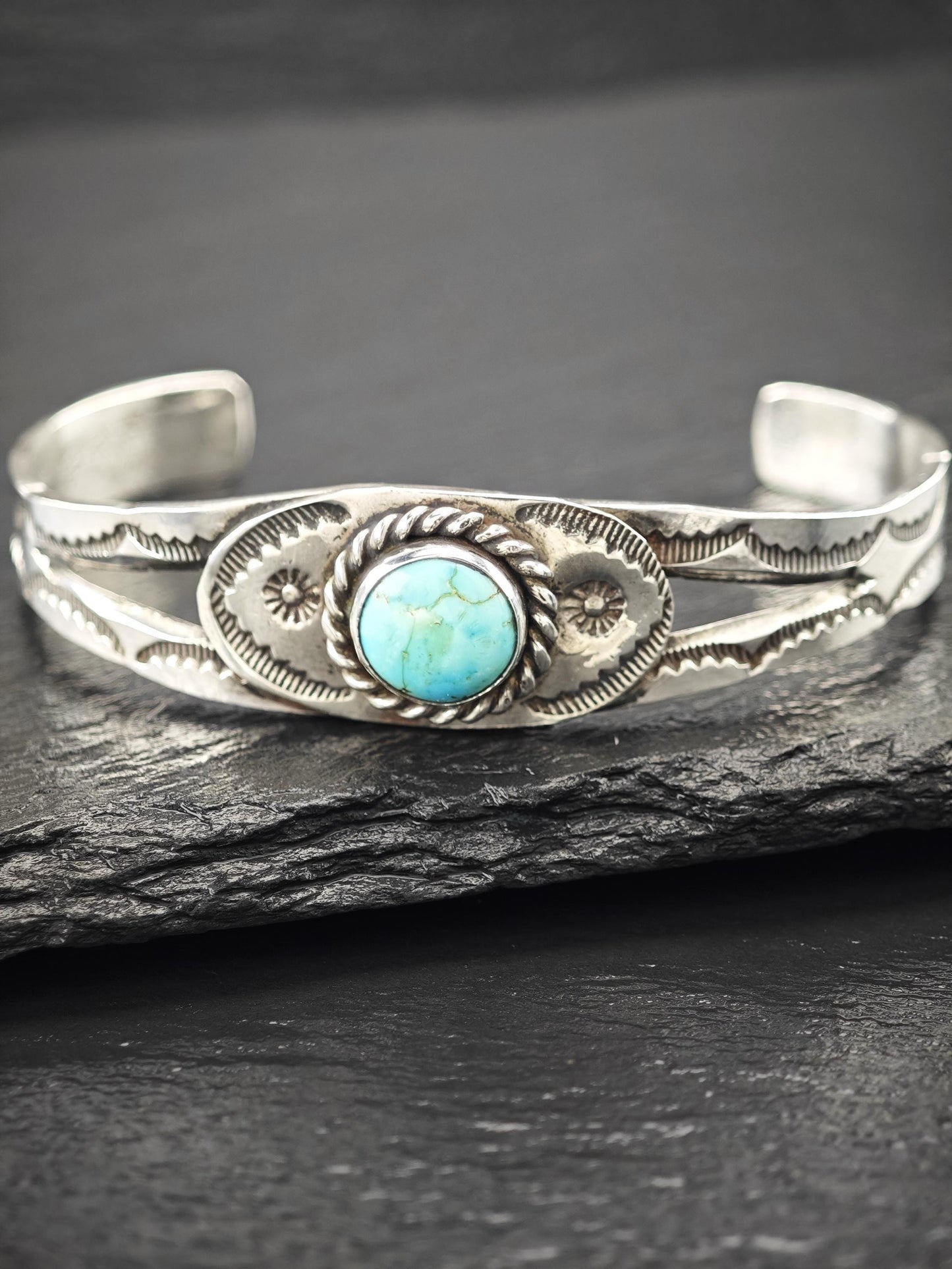 Native American Turquoise, Stamped Cuff Bracelet Sterling Silver