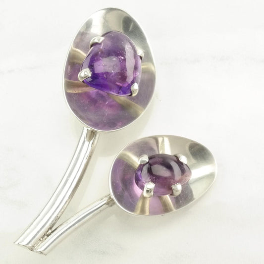 Vintage Taxco Sterling Silver Brooch Modernist Purple Amethyst