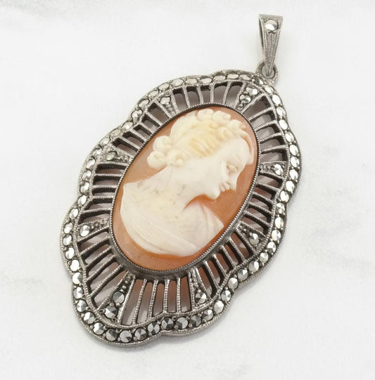 Vintage Sterling Silver Marcasite Cameo Filigree Pendant