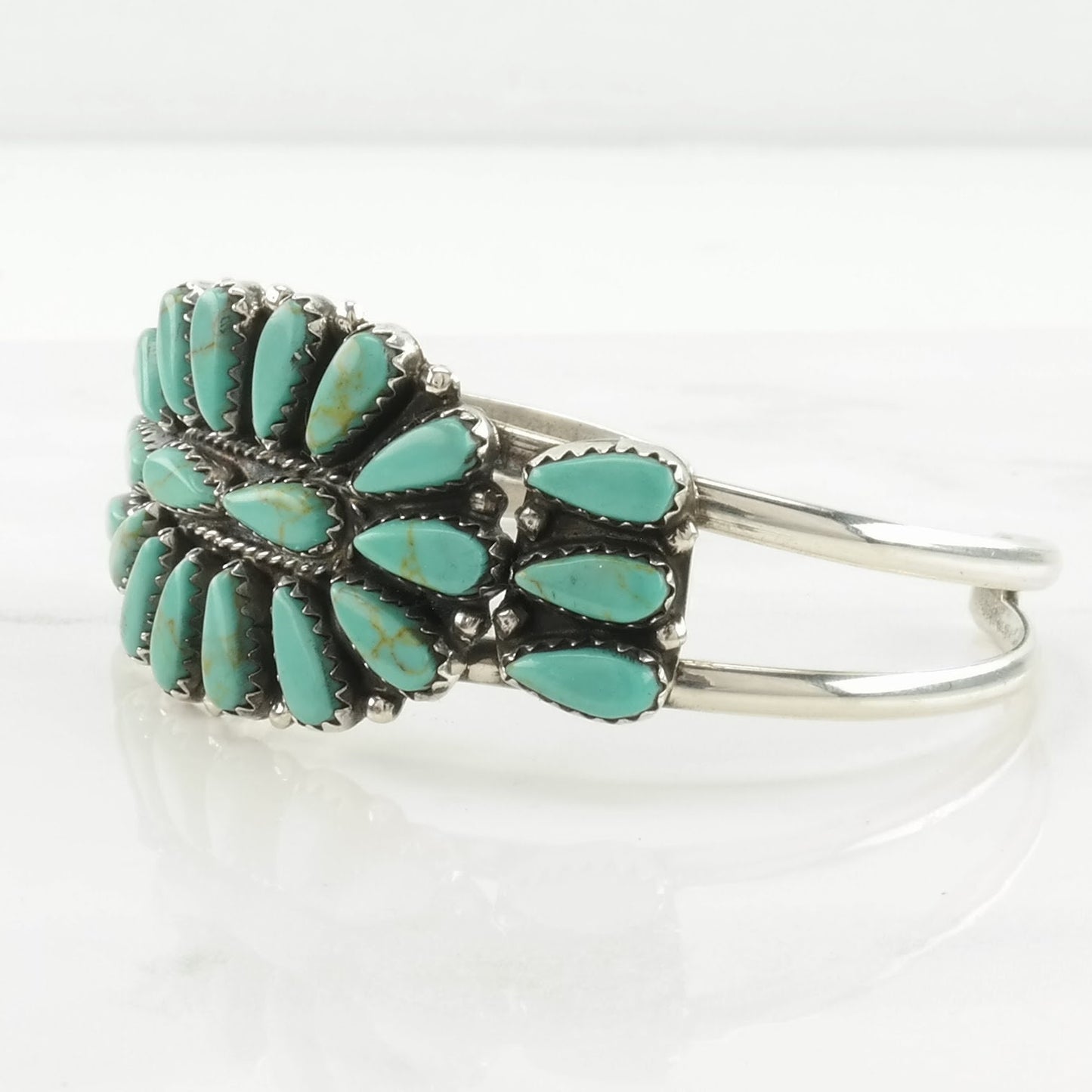 Vintage Native American Sterling Silver Cuff Bracelet Blue Block Turquoise, Cluster Floral