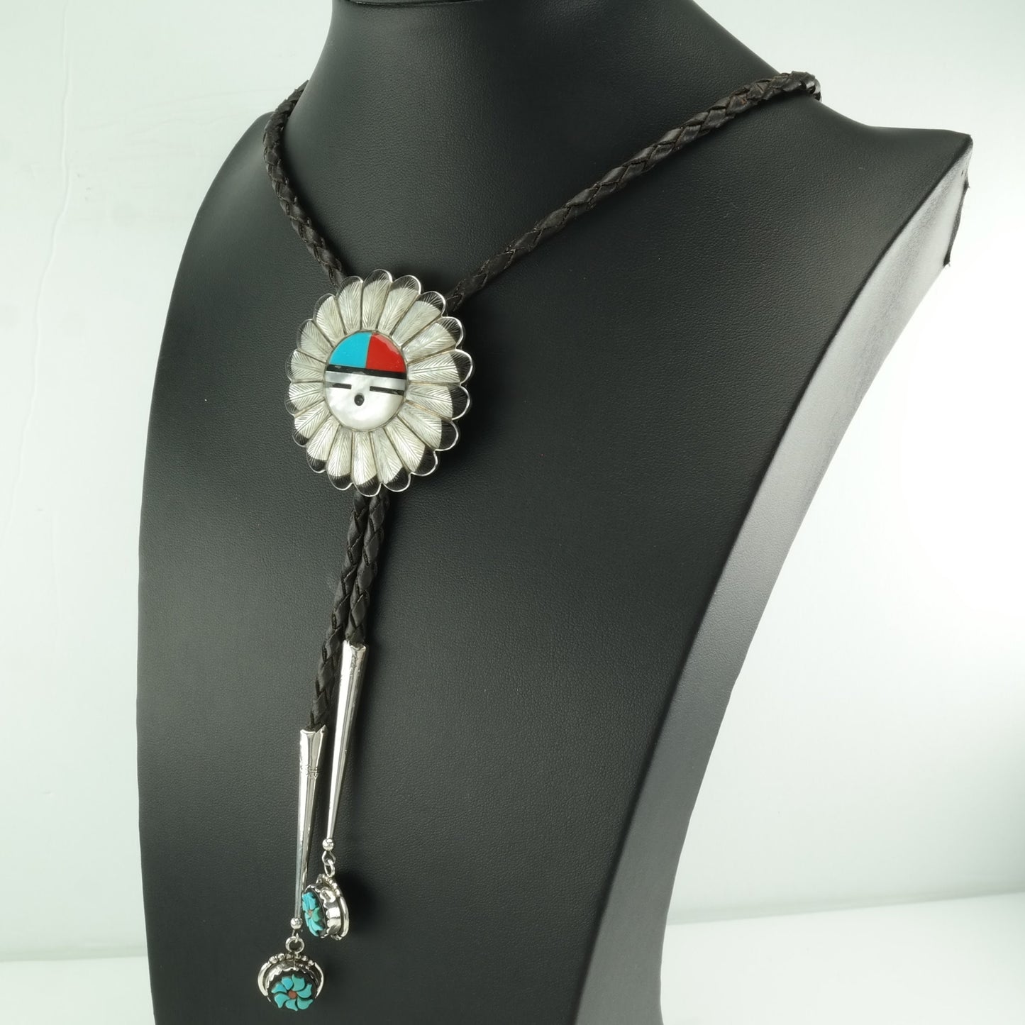 Vintage Bolo Tie Native American Sterling Silver Feather, Sun Inlay Necklace