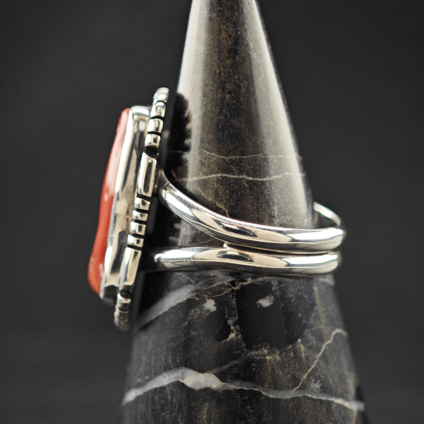 Native American Long Coral Ring Sterling Silver Size 9