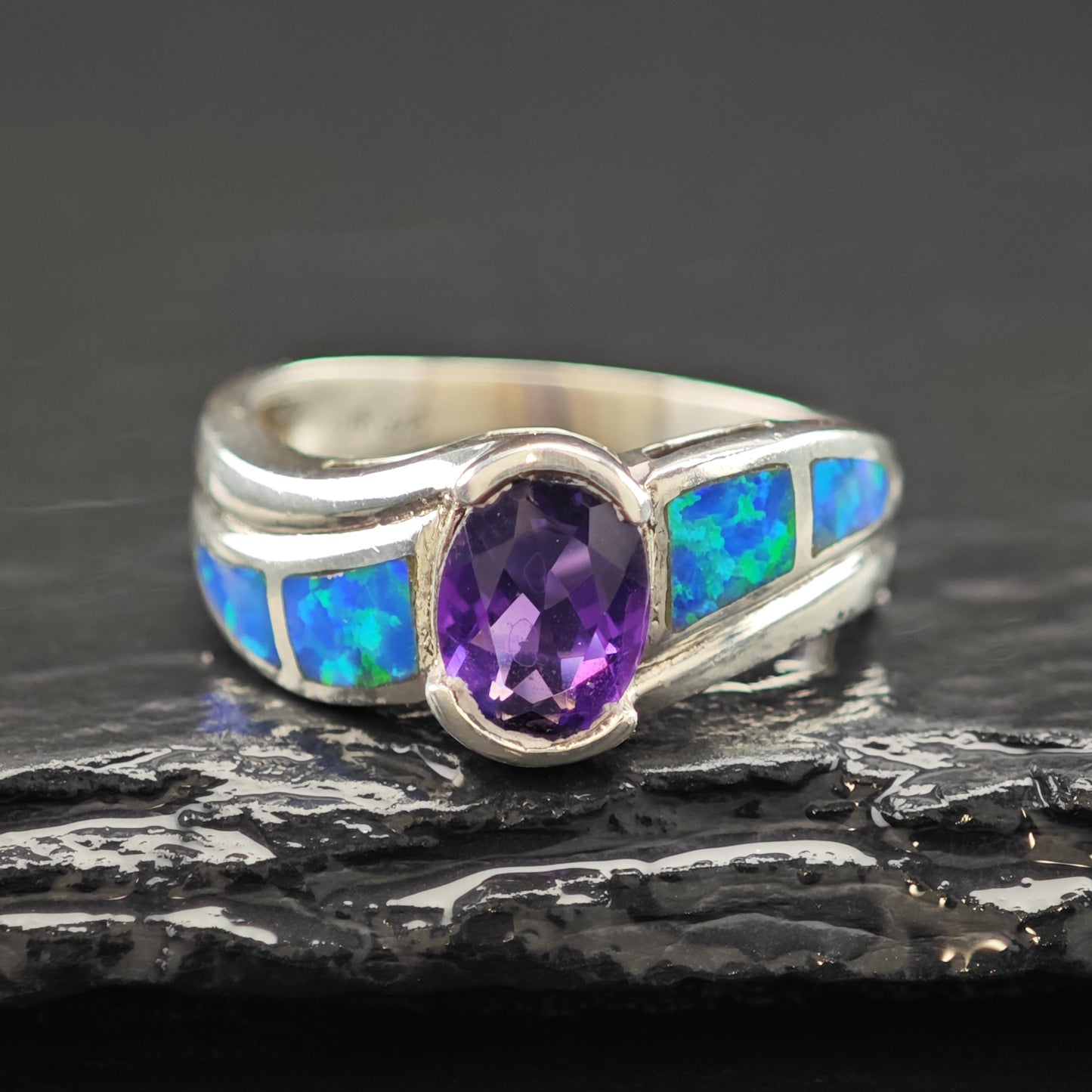 Lab Opal Inlay Amethyst Ring Sterling Silver Sz 8 R6221