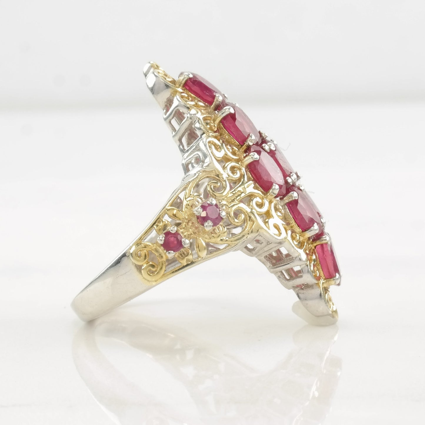 Vintage STS Ring Glass Filled Ruby, Cluster Gold Tone Sterling Silver Size 9 1/4