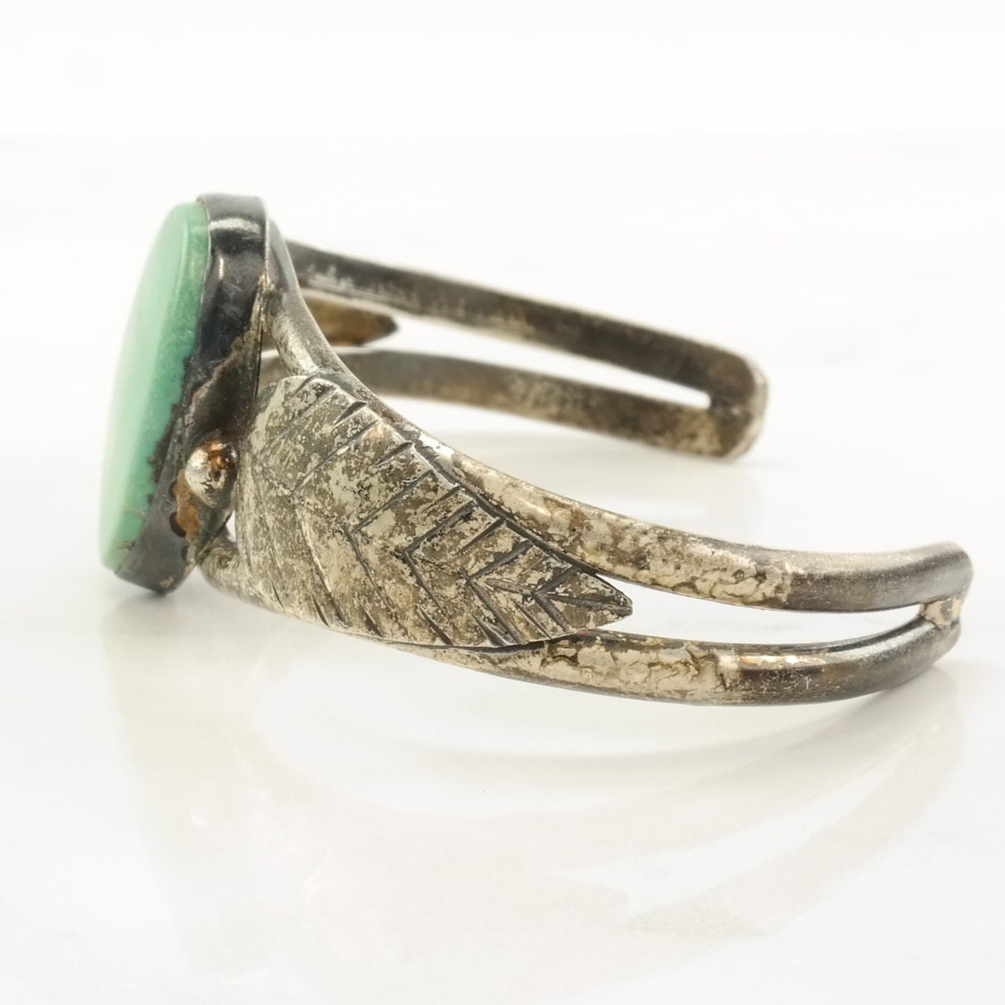 Native American Sterling Silver Cuff Bracelet Turquoise, Leaf, Feather