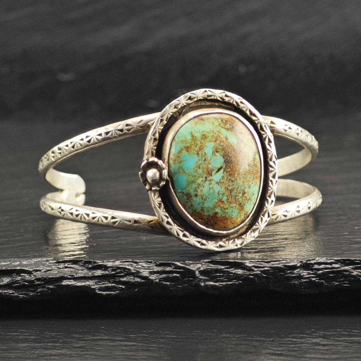 SW Turquoise Stamped Floral Detailed Sterling Silver Cuff Sz 6" BR3138