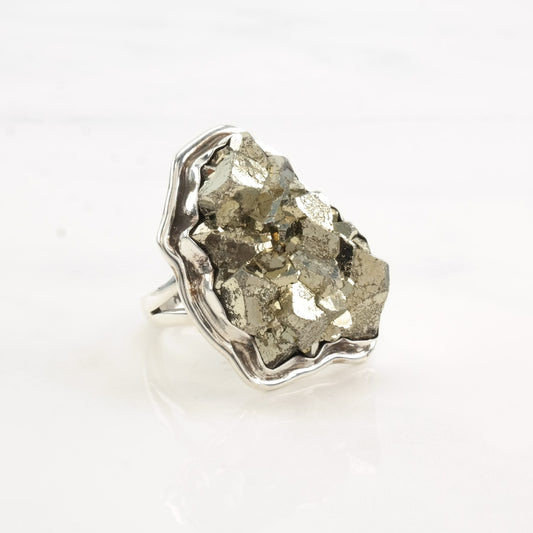 AKR Silver Ring Pyrite Brutalist Sterling Gold Size 6 3/4